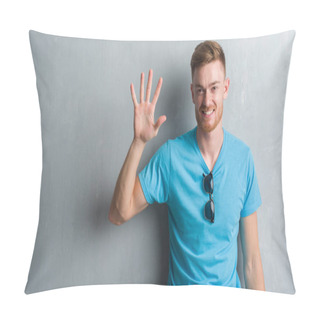 Personality  Young Redhead Man Over Grey Grunge Wall Wearing Casual Outfit Showing And Pointing Up With Fingers Number Five While Smiling Confident And Happy. Pillow Covers