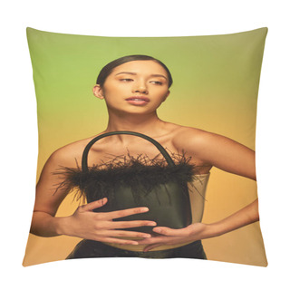 Personality  Fashion Choices, Brunette Asian Woman With Bare Shoulders Posing With Feather Purse On Green Background, Gradient, Fashion Forward, Glowing Skin, Natural Beauty, Young Model  Pillow Covers