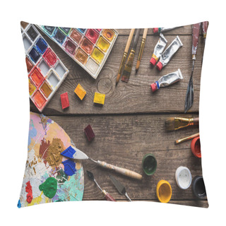 Personality  Top View Of Colorful Paints And Drawing Tools On Wooden Surface With Copy Space Pillow Covers