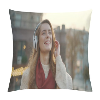 Personality  Happy Woman Listening Music Headphones On Street. Lady Walking In Earphones. Pillow Covers