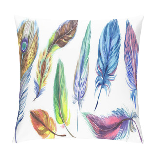 Personality  Colorful Watercolor Feathers Isolated On White Illustration Set. Pillow Covers