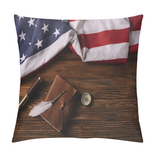 Personality  Top View Of Leather Notebook, Telescope, Nib And Compass On Wooden Surface With American National Flag Pillow Covers