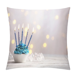 Personality  Delicious Birthday Cupcake On Table On Light Background Pillow Covers