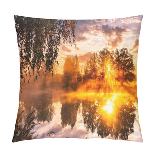 Personality  Golden Misty Sunrise On The Pond In The Autumn Morning. Birch Trees With Rays Of The Sun Cutting Through The Branches, Reflected In The Water. Pillow Covers