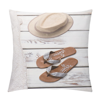 Personality  Beige Hat And Flip Flops. Pillow Covers