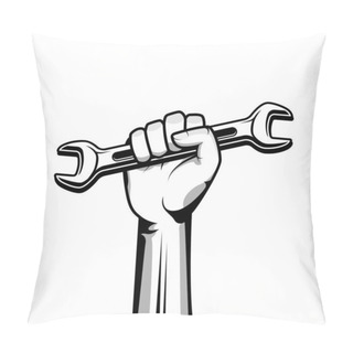 Personality  Hand Holding Wrench Vector Illustration In Black Color Pillow Covers