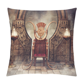 Personality  Ornamented Fairytale Throne In A Stone Chamber With Burners And A Round Window. 3D Render. Pillow Covers