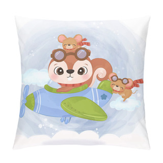 Personality  Adorable Little Squirrel And Mice Flying Together In Watercolor Illustration Pillow Covers
