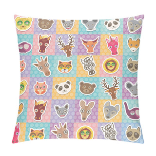 Personality  Set Of Funny Animals Muzzle Seamless Pattern With Pink Lilac Blue Orange Square. Vector Pillow Covers