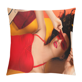 Personality  Top View Of Beautiful Girl In Sunglasses And Swimsuit Lying On Orange  Pillow Covers