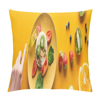 Personality  Cropped View Of Woman Eating Fancy Cow Made Of Food On Colorful Orange Background, Panoramic Shot Pillow Covers