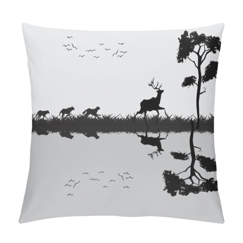 Personality  Running Deers On The River Coast, And Their Reflected Silhouettes On Water Pillow Covers