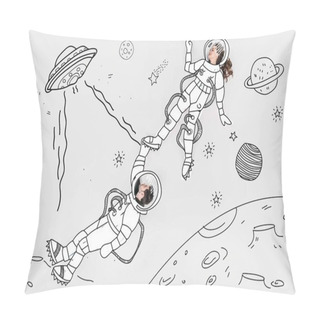 Personality  Creative Hand Drawn Collage With Couple In Space Suits And Ufo Pillow Covers