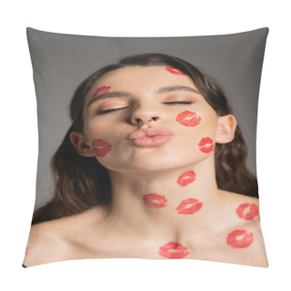 Personality  Portrait Of Sexy Woman With Closed Eyes And Red Kiss Prints On Face Pouting Lips Isolated On Grey Pillow Covers