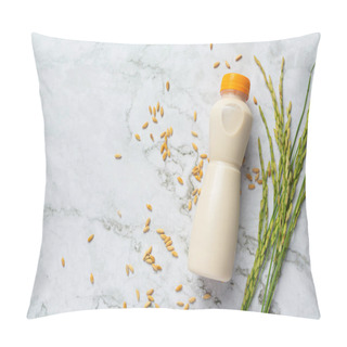 Personality  A Bottle Of Rice Milk With Rice Plant And Rice Seed Put On White Marble Floor  Pillow Covers