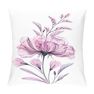 Personality  Watercolor Rose Bouquet. Vertical Floral Border. Big Pink Rose With Crocus Flowers. Hand Painted Botanical Art. Isolated Abstract Illustration In Pastel Grey, Violet, Purple Pillow Covers