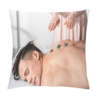 Personality  Cropped View Of Healer Standing Near Shirtless Man Lying With Closed Eyes With Stones On His Back Pillow Covers