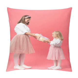 Personality  Side View Of Smiling Mother Giving Gifts To Daughter On Pink Background  Pillow Covers