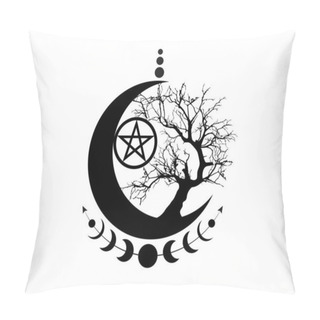 Personality  Mystical Moon Phases, Tree Of Life And Wicca Pentacle. Sacred Geometry. Logo,Triple Moon, Half Moon Pagan Wiccan Goddess Symbol, Energy Circle, Boho Style Vector Isolated On White Background Pillow Covers