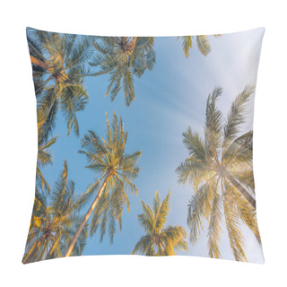 Personality  Panoramic Tropical Palm Trees With Sun Light On Sky Background. Silhouette Of Palm Trees On Sunset Sky View. Happy Relaxing Colors, Exotic Travel Destination Nature Panorama. Natural Coco Plants Pillow Covers