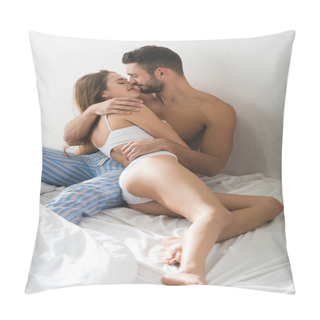Personality  Happy Young Couple Embracing And Kissing In Bed In Morning Pillow Covers