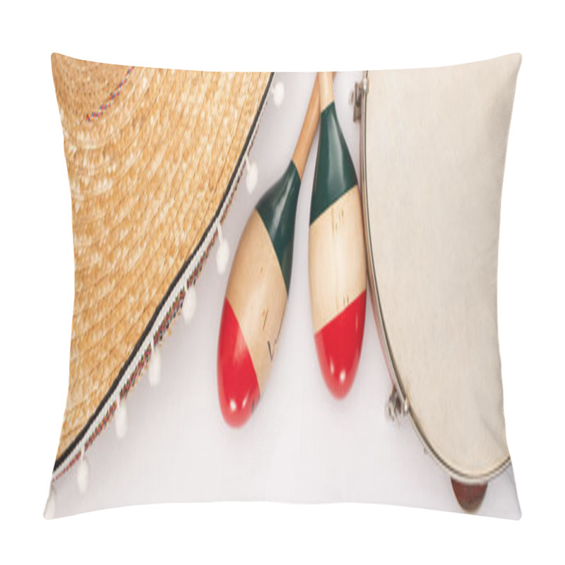 Personality  Top View Of Wooden Maracas With Tambourine And Sombrero On White Background, Panoramic Shot Pillow Covers