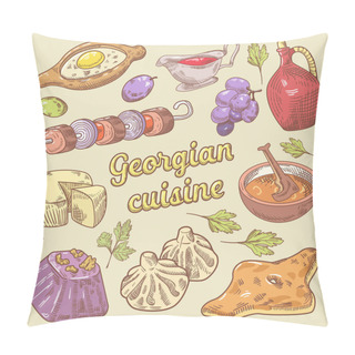 Personality  Georgian Cuisine Traditional Food With Khinkali. Hand Drawn Vector Doodle Pillow Covers