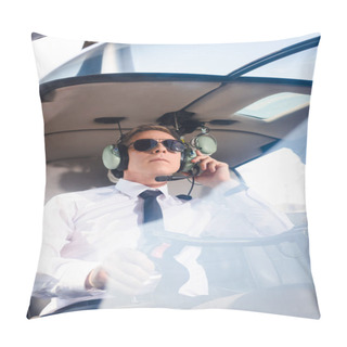 Personality  Mature Pilot In Sunglasses And Headset With Microphone Sitting In Helicopter Cabin Pillow Covers