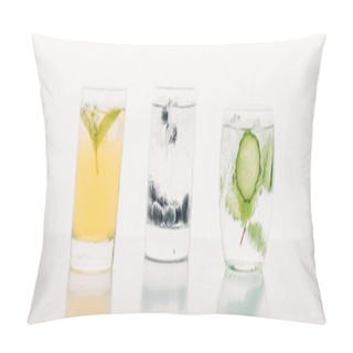 Personality  Refreshing Drinks With Blueberries, Mint, Cucumber And Ice Isolated On White, Panoramic Shot Pillow Covers