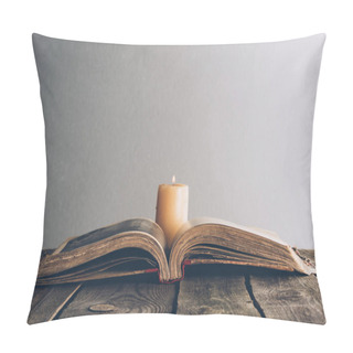 Personality  Open Holy Bible With Candle On Wooden Table Pillow Covers