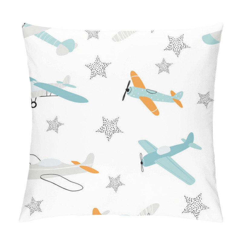 Personality  Vector hand-drawn seamless repeating children simple pattern with aircraft and stars in Scandinavian style on a white background.Kids seamless pattern with planes. Funny airplanes. pillow covers