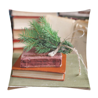 Personality  Spruce Twig Tied Up With Old Rope On Stack Of Old Vintage Books In University Library Pillow Covers