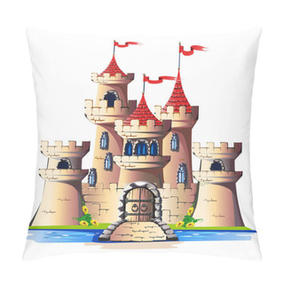 Personality  Fairytale Towers Of A Stone Castle With A Gate And A Bridge. Vector Illustration. Pillow Covers