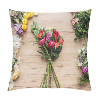 Personality  Top View Of Colorful Flower Bouquet On Wooden Surface  Pillow Covers