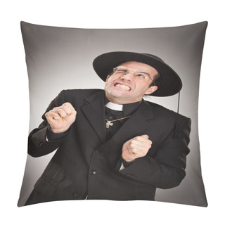 Personality  Young Priest Pray Portrait On Grey Background Pillow Covers