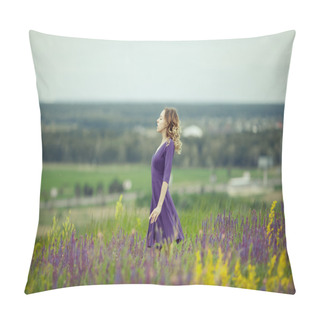 Personality  Young Girl In Vintage Dress Walking Through Sage Flower Field. Pillow Covers