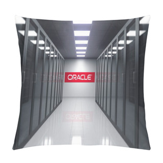 Personality  Oracle Corporation Logo On The Wall Of The Server Room. Editorial 3D Rendering Pillow Covers