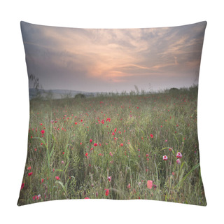 Personality  Poppy Field Landscape In Summer Countryside Sunrise Pillow Covers