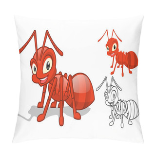 Personality  Detailed Red Ant Cartoon Character With Flat Design And Line Art Black And White Version Pillow Covers
