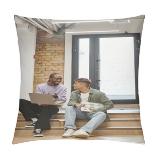 Personality  African American Man Showing Project On Laptop To Male Colleague, Sitting On Stairs, Sharing Ideas Pillow Covers