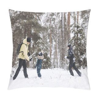 Personality  Father And Sons Having Fun Snowball Fight Together In Winter Forest. Happy Children Playing In Snow Outdoors. Christmas Holidays, New Year Family Vacation. Brothers In Warm Clothes Walking In Cold Day Pillow Covers