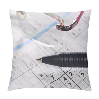 Personality  Pencil And Glasses Lying On A Newspaper With A Sudoku Puzzle Pillow Covers