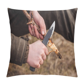 Personality  Close-up Hand Hunter Man With Knife Cut A Wooden Stick Pillow Covers