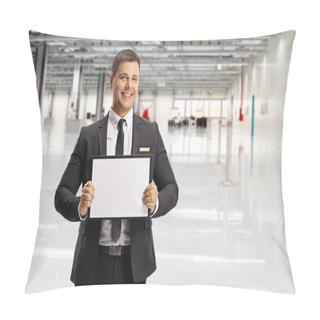 Personality  Man Waiting A Passenger At An Airport With A Name Board  Pillow Covers