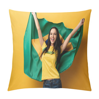 Personality  Excited Female Football Fan Holding Brazilian Flag On Yellow Pillow Covers