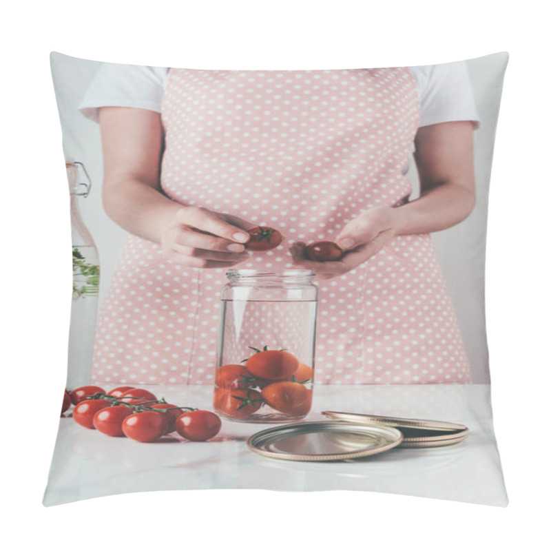 Personality  Cropped Image Of Woman Putting Tomatoes In Glass Jar At Kitchen Pillow Covers