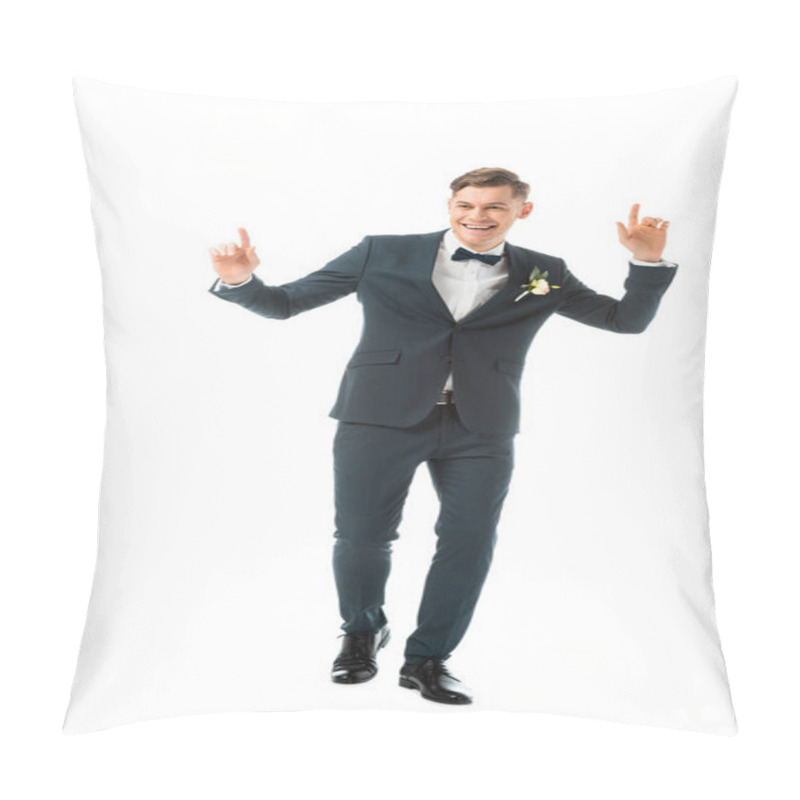 Personality  Cheerful Dancing Groom In Black Suit Isolated On White Pillow Covers