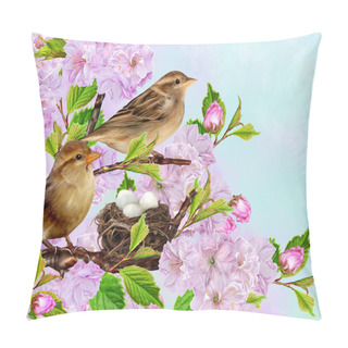 Personality  Two Sparrows On Near The Nest On The Background Of The Cherry Blossoms Pillow Covers