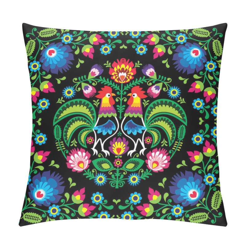 Personality  Polish retro folk art square vector pattern with roosters and flowers - wzory lowickie, wycinanki on black background pillow covers