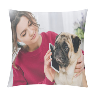 Personality  Attractive Young Girl Giving Pig A Smartphone Pillow Covers